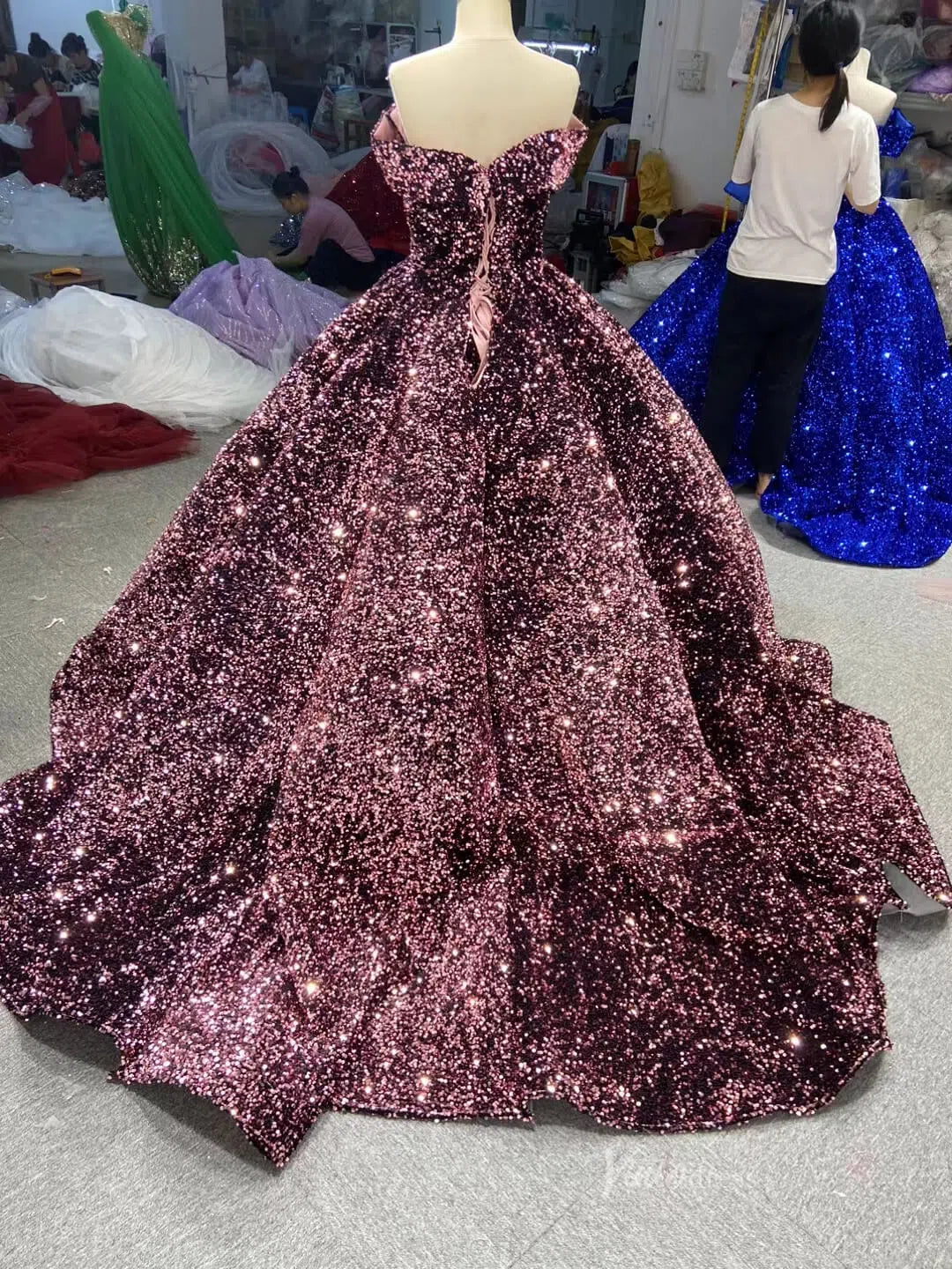 Sparkly Blue Sequin Sweet 16 Dresses Cinderella Ball Gown 66991 Sweep Train-wedding dresses 2025 -Viniodress-Blue-Custom Size-