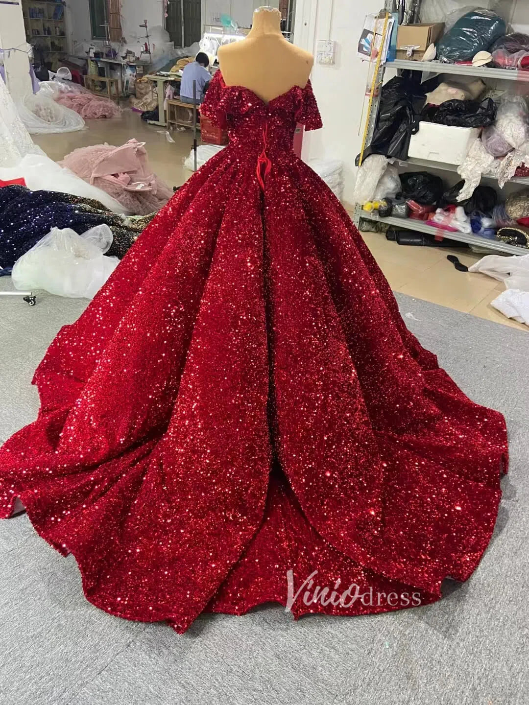 Sparkly Blue Sequin Sweet 16 Dresses Cinderella Ball Gown 66991 Sweep Train-wedding dresses 2025 -Viniodress-Blue-Custom Size-