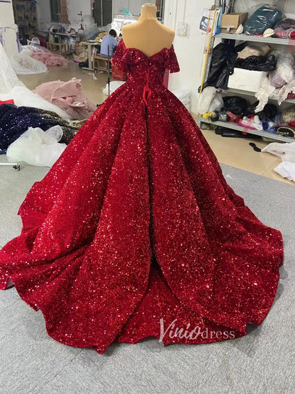 Sparkly Blue Sequin Sweet 16 Dresses Cinderella Ball Gown 66991 Sweep Train-wedding dresses 2025 -Viniodress-Blue-Custom Size-