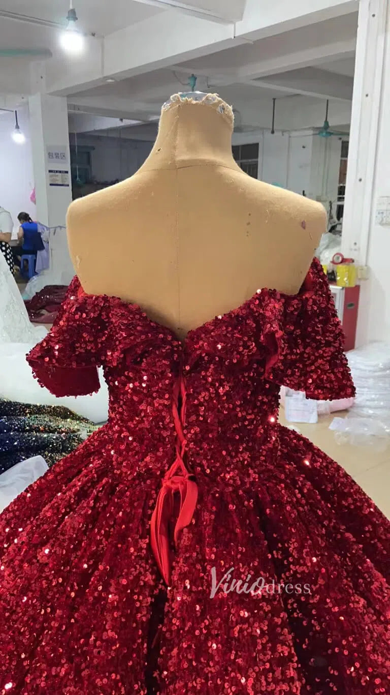 Sparkly Blue Sequin Sweet 16 Dresses Cinderella Ball Gown 66991 Sweep Train-wedding dresses 2025 -Viniodress-Blue-Custom Size-