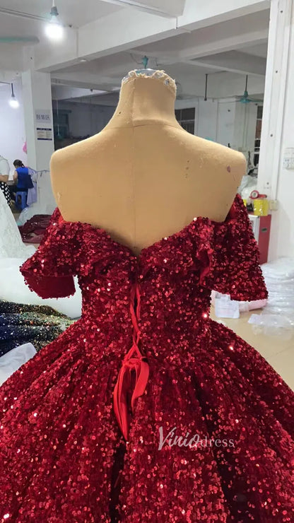 Sparkly Blue Sequin Sweet 16 Dresses Cinderella Ball Gown 66991 Sweep Train-wedding dresses 2025 -Viniodress-Blue-Custom Size-