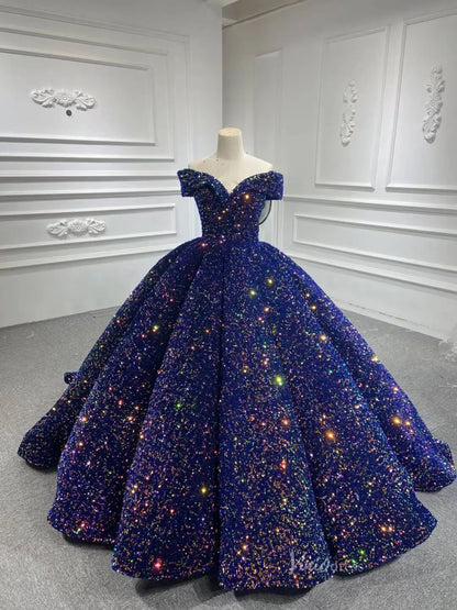 Sparkly Blue Sequin Sweet 16 Dresses Cinderella Ball Gown 66991 Sweep Train-wedding dresses 2025 -Viniodress-Blue-Custom Size-