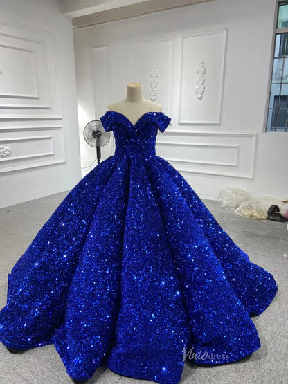 Sparkly Blue Sequin Sweet 16 Dresses Cinderella Ball Gown 66991 Sweep Train-wedding dresses 2025 -Viniodress-Royal Blue-Custom Size-