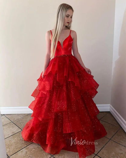 long red sparkly dress Sparkly Blue Tiered Ruffle Prom Dress Spaghetti Strap FD2377 – Viniodress