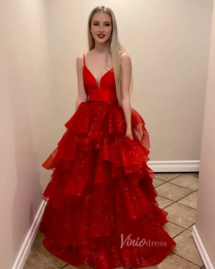 Sparkly Blue Tiered Ruffle Prom Dress Spaghetti Strap FD2377-prom dresses 2025 -Viniodress-Royal Blue-Custom Size-