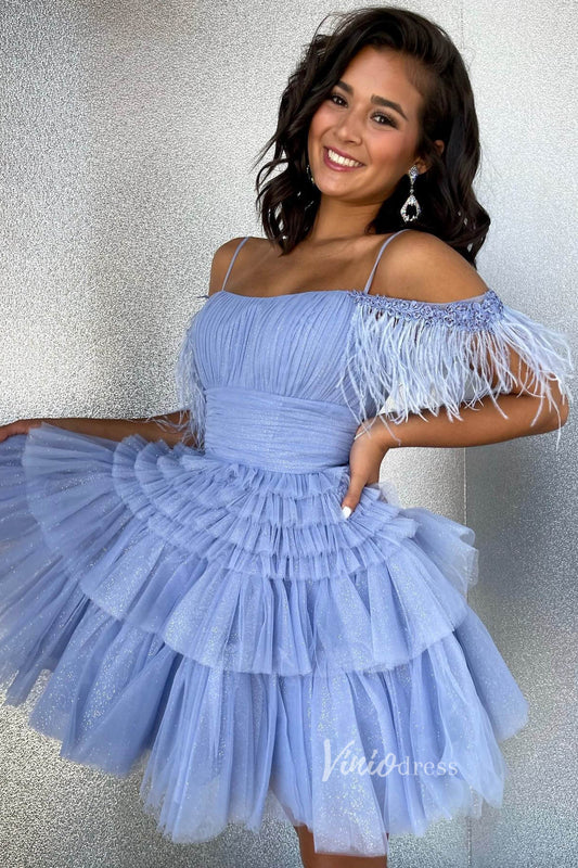 Sparkly Blue Tulle Homecoming Dresses Off Shoulder Tiered Short Graduation Dress SD1527-Homecoming Dresses 2025 -Viniodress-Dusty Blue-Custom Size-