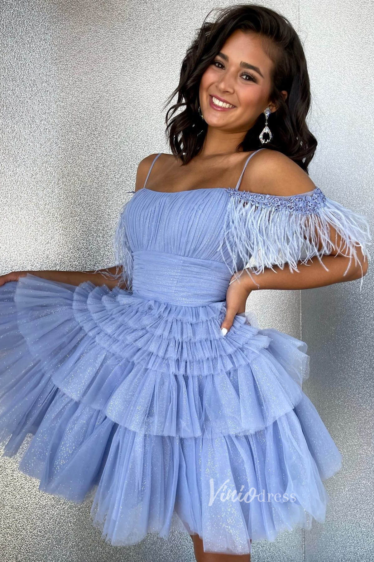 Short Prom Dresses 2025 Sparkly Blue Tulle Homecoming Dresses Off Shoulder Tiered Short Graduation Dress SD1527-homecoming dresses-Viniodress-Dusty Blue-Custom Size-Viniodress