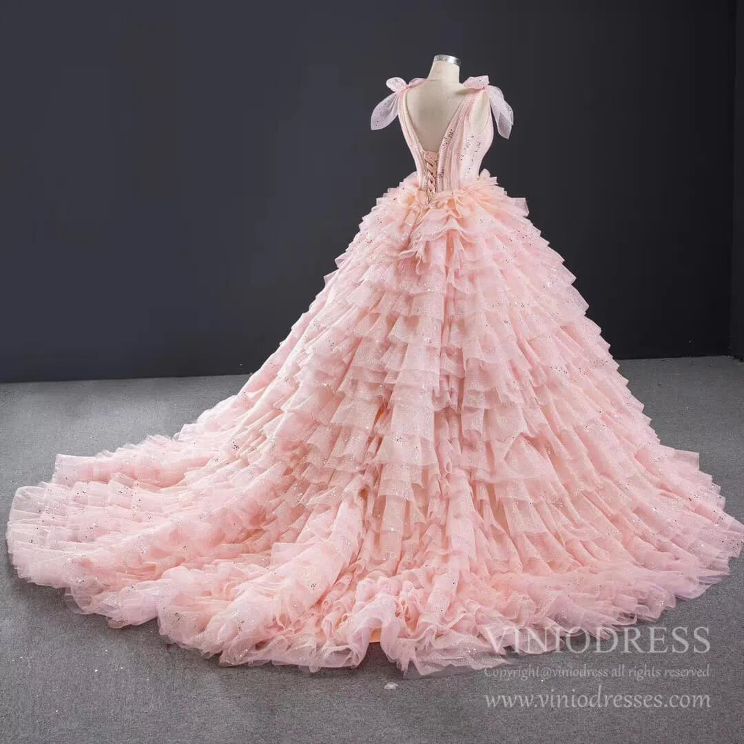 Sparkly Blush Pink Quinceanera Dresses Layered Ruffle Sweet 16 Dress 67033 viniodress-Quinceanera Dresses 2025 -Viniodress-Pink-Custom Size-