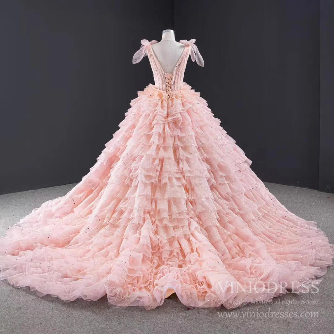 Sparkly Blush Pink Quinceanera Dresses Layered Ruffle Sweet 16 Dress 67033 viniodress-Quinceanera Dresses 2025 -Viniodress-Pink-Custom Size-