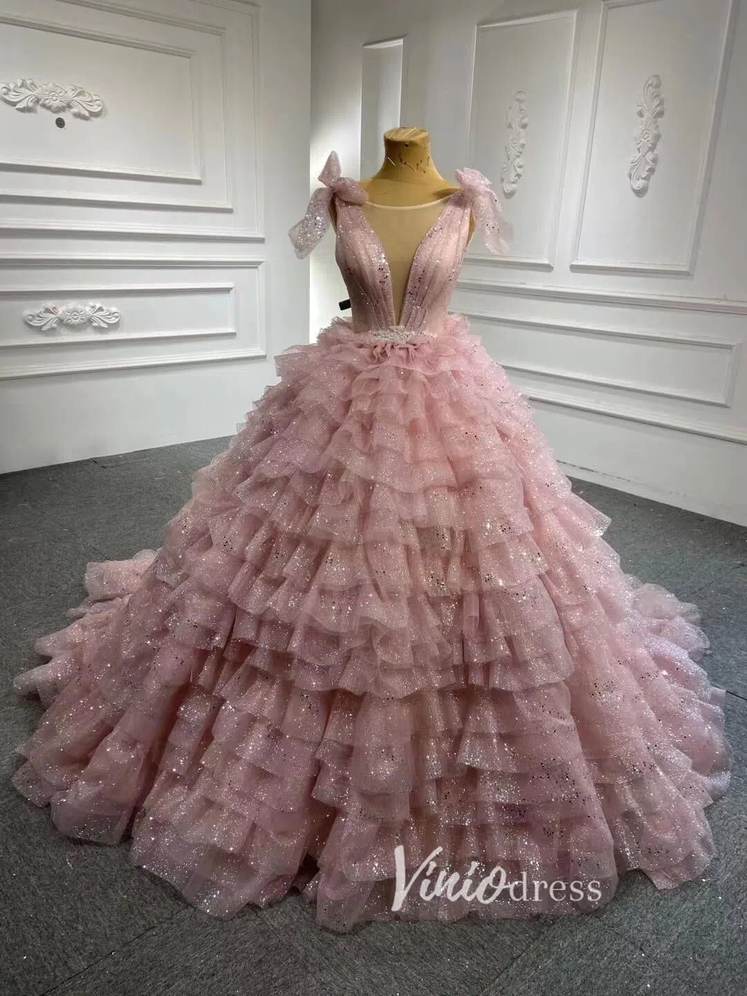 sweet 16 dresses pink Sparkly Blush Pink Quinceanera Dresses Layered Ruffle Sweet 16 Dress 6 – Viniodress