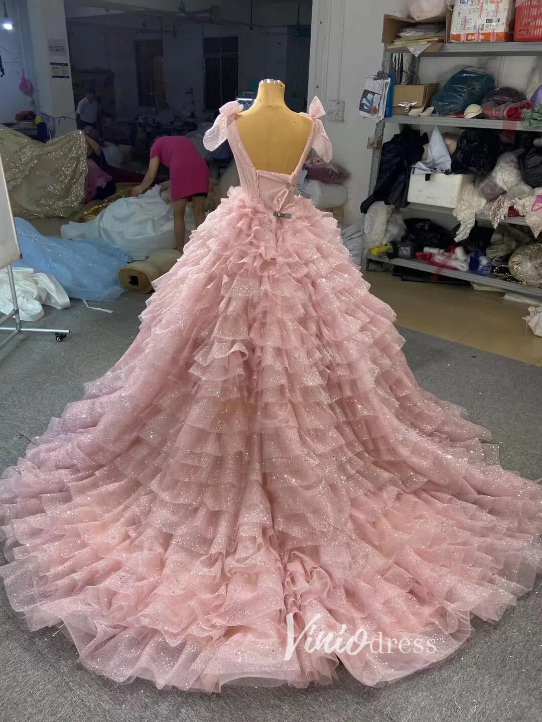Sparkly Blush Pink Quinceanera Dresses Layered Ruffle Sweet 16 Dress 67033 viniodress-Quinceanera Dresses 2025 -Viniodress-Pink-Custom Size-