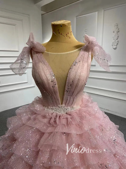 Sparkly Blush Pink Quinceanera Dresses Layered Ruffle Sweet 16 Dress 67033 viniodress-Quinceanera Dresses 2025 -Viniodress-Pink-Custom Size-