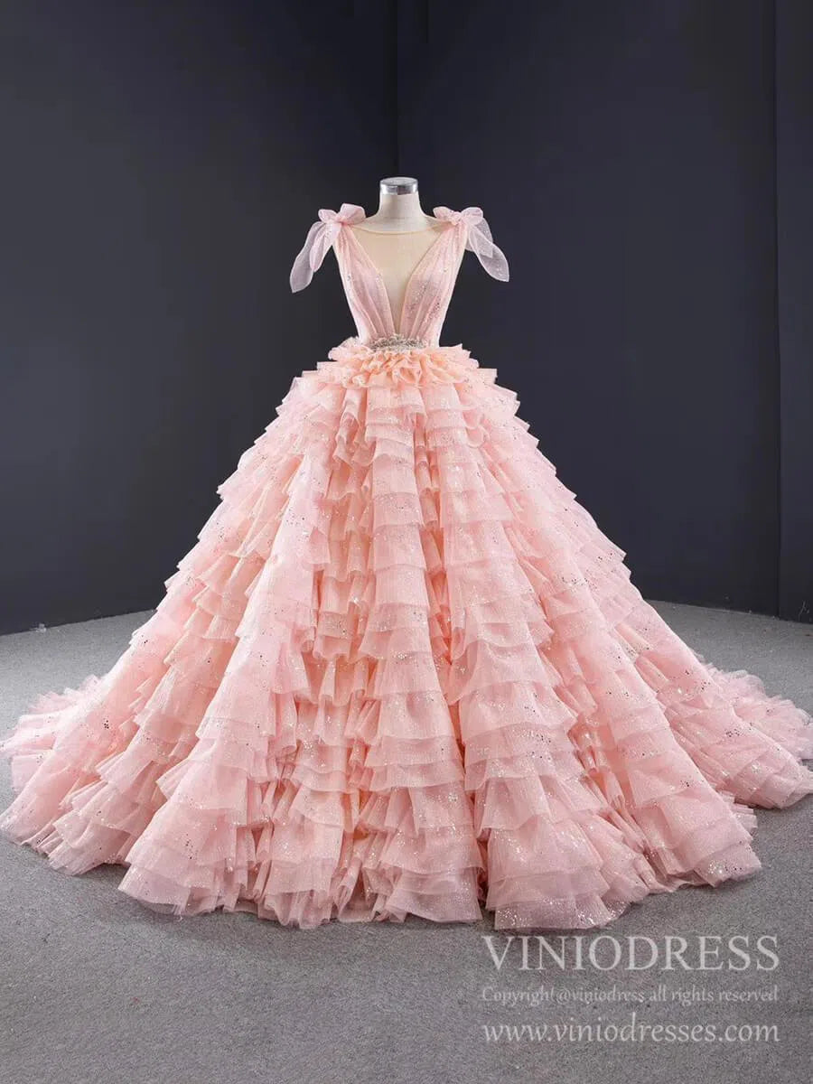 Sparkly Blush Pink Quinceanera Dresses Layered Ruffle Sweet 16 Dress 67033 viniodress-Quinceanera Dresses 2025 -Viniodress-Pink-Custom Size-