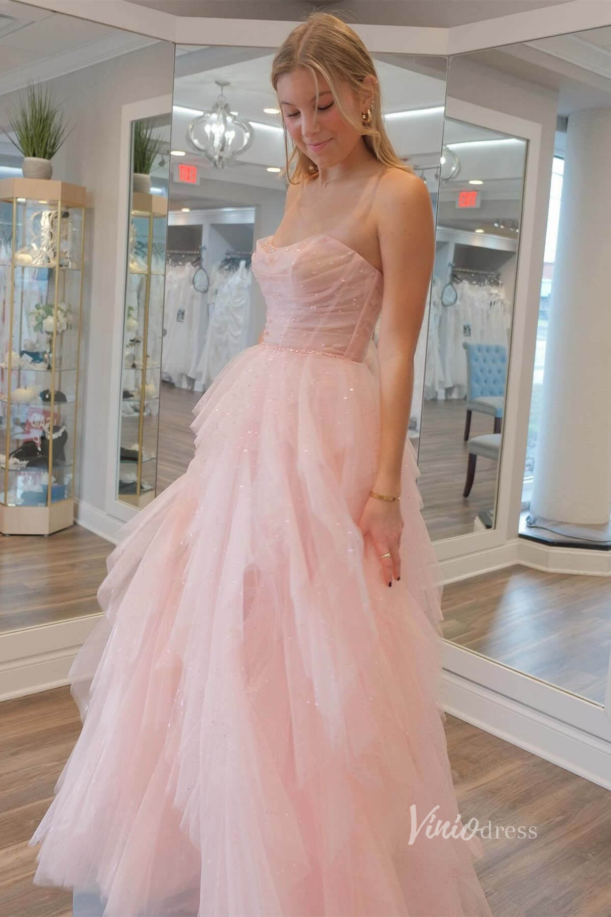 Sparkly Blush Pink Tiered Prom Dresses Strapless Pleated Boned Bodice FD4035-prom dresses 2025 -Viniodress-Blush Pink-Custom Size-