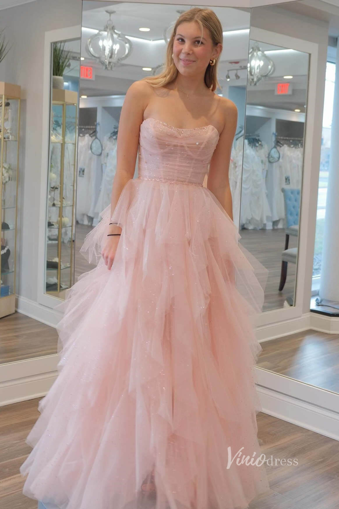 Sparkly Blush Pink Tiered Prom Dresses Strapless Pleated Boned Bodice FD4035-prom dresses 2025 -Viniodress-Blush Pink-Custom Size-