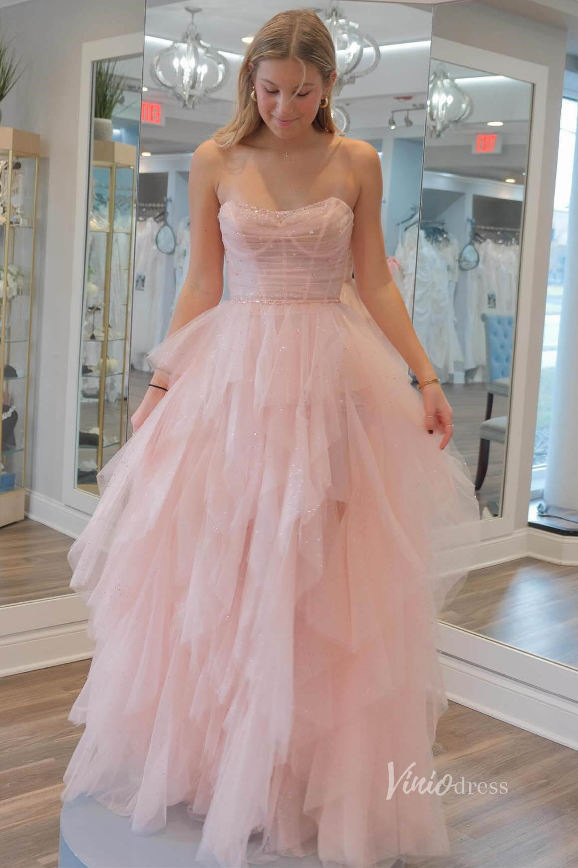 Sparkly Blush Pink Tiered Prom Dresses Strapless Pleated Boned Bodice FD4035-prom dresses-Viniodress-Blush Pink-Custom Size-Viniodress