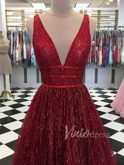 Sparkly Burgundy Long Prom Dresses V-neck Ball Gown fd1591-prom dresses 2025 -Viniodress-Burgundy-Custom Size-