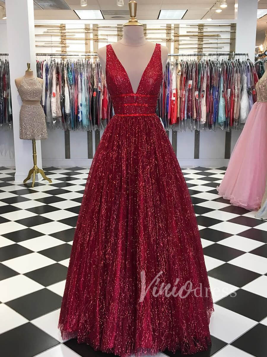 Sparkly Burgundy Long Prom Dresses V-neck Ball Gown fd1591-prom dresses 2025 -Viniodress-Burgundy-Custom Size-