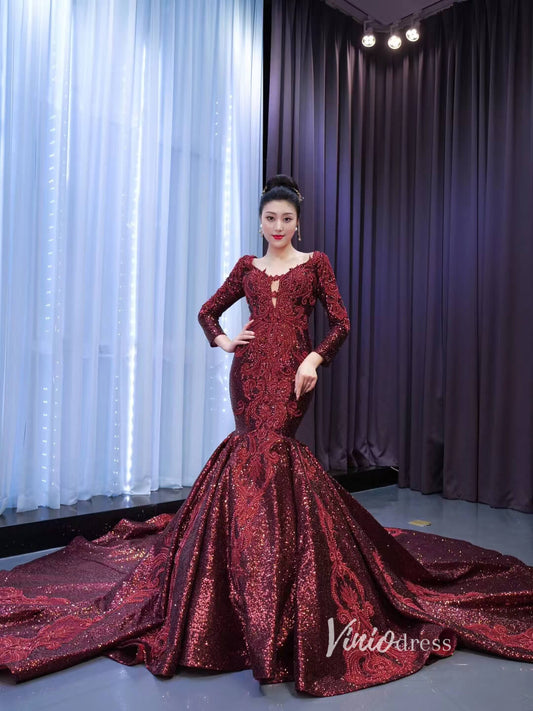 Sparkly Burgundy Mermaid Wedding Dresses with Long Sleeves 67479 viniodress-wedding dresses 2025 -Viniodress-Burgundy-Custom Size-