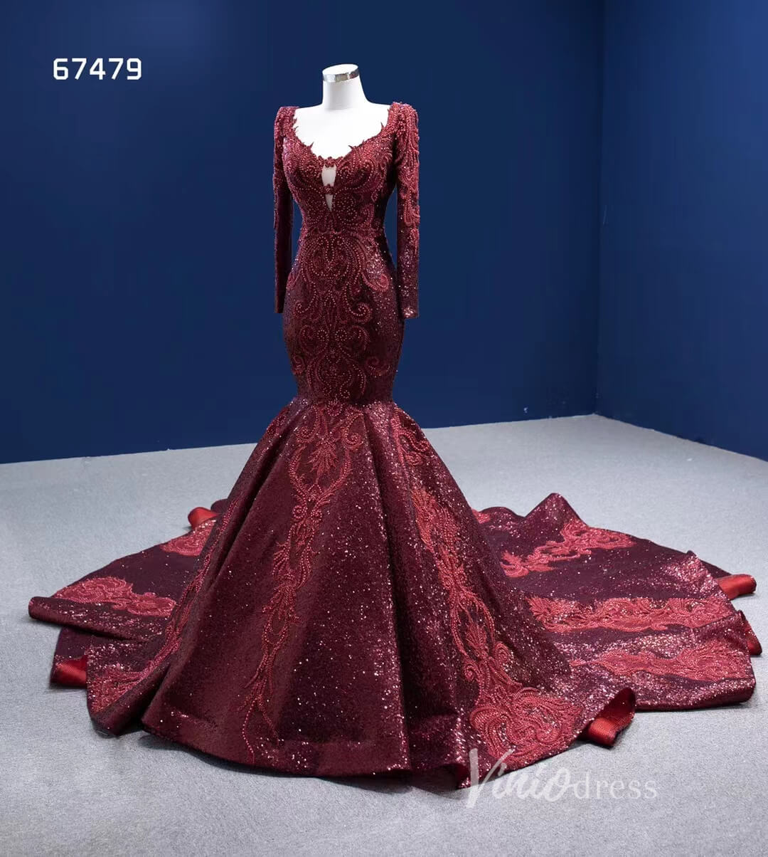 Sparkly Burgundy Mermaid Wedding Dresses with Long Sleeves 67479 viniodress-wedding dresses 2025 -Viniodress-Burgundy-Custom Size-