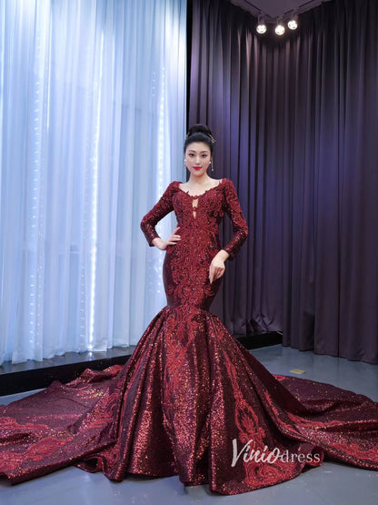 Sparkly Burgundy Mermaid Wedding Dresses with Long Sleeves 67479 viniodress-wedding dresses 2025 -Viniodress-Burgundy-Custom Size-