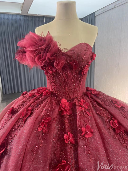 Sparkly Burgundy Red Ball Gown Wedding Dresses One Shoulder Quinceanera 241112-Quinceanera Dresses 2025 -Viniodress-Red-Custom Size-