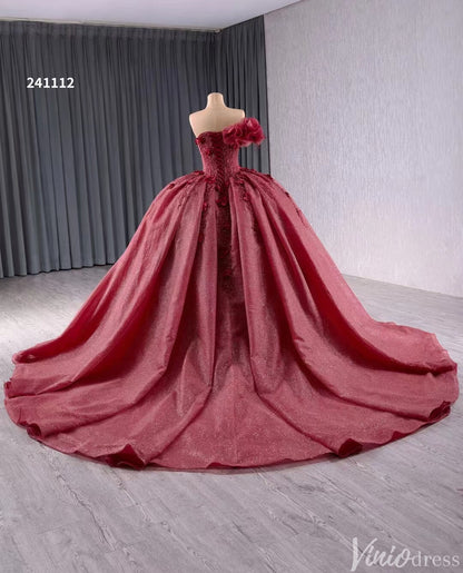 Sparkly Burgundy Red Ball Gown Wedding Dresses One Shoulder Quinceanera 241112-Quinceanera Dresses 2025 -Viniodress-Red-Custom Size-