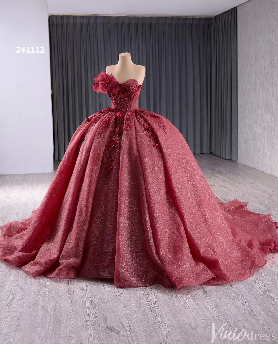 Sparkly Burgundy Red Ball Gown Wedding Dresses One Shoulder Quinceanera 241112-Quinceanera Dresses 2025 -Viniodress-Red-Custom Size-