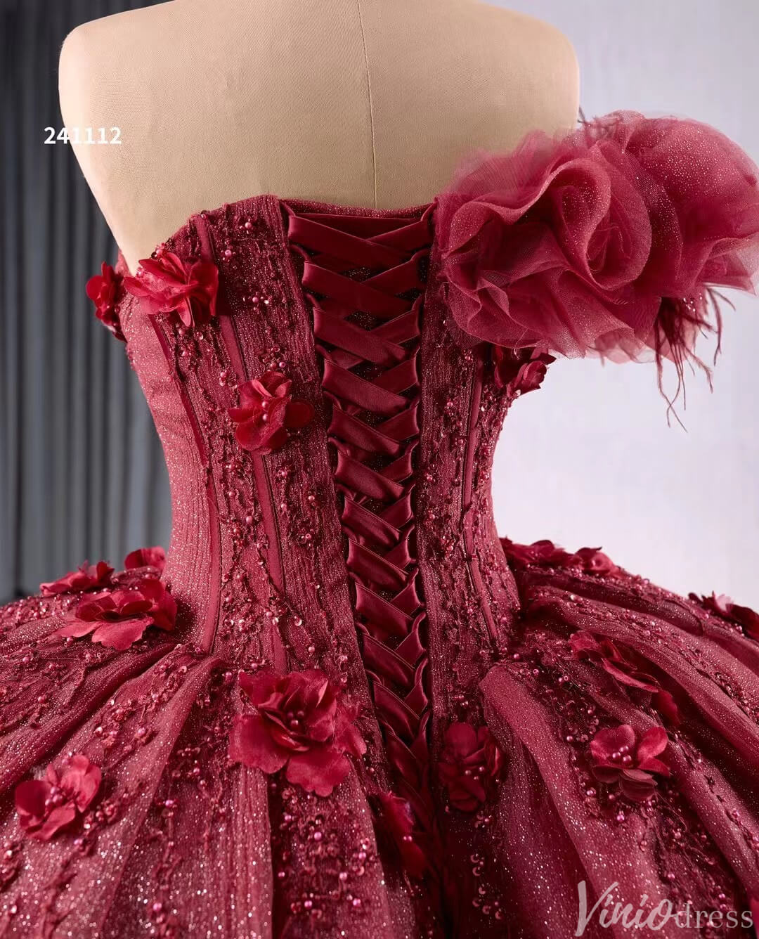 Sparkly Burgundy Red Ball Gown Wedding Dresses One Shoulder Quinceanera 241112-Quinceanera Dresses 2025 -Viniodress-Red-Custom Size-