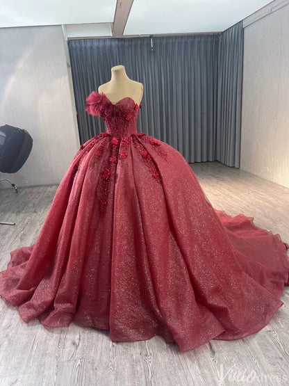 Sparkly Burgundy Red Ball Gown Wedding Dresses One Shoulder Quinceanera 241112-Quinceanera Dresses 2025 -Viniodress-Red-Custom Size-