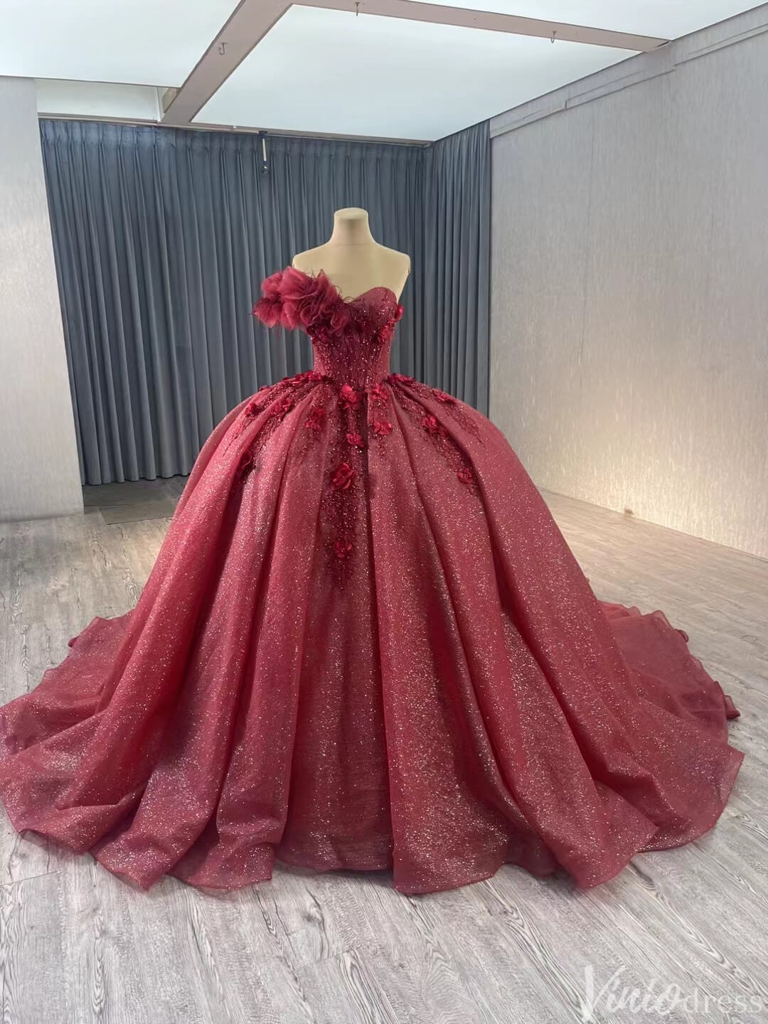 Sparkly Burgundy Red Ball Gown Wedding Dresses One Shoulder Quinceanera 241112-Quinceanera Dresses 2025 -Viniodress-Red-Custom Size-