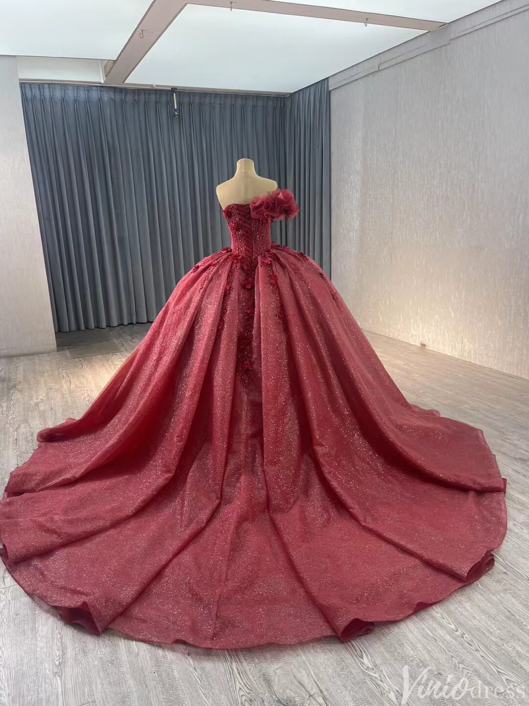 Sparkly Burgundy Red Ball Gown Wedding Dresses One Shoulder Quinceanera 241112-Quinceanera Dresses 2025 -Viniodress-Red-Custom Size-