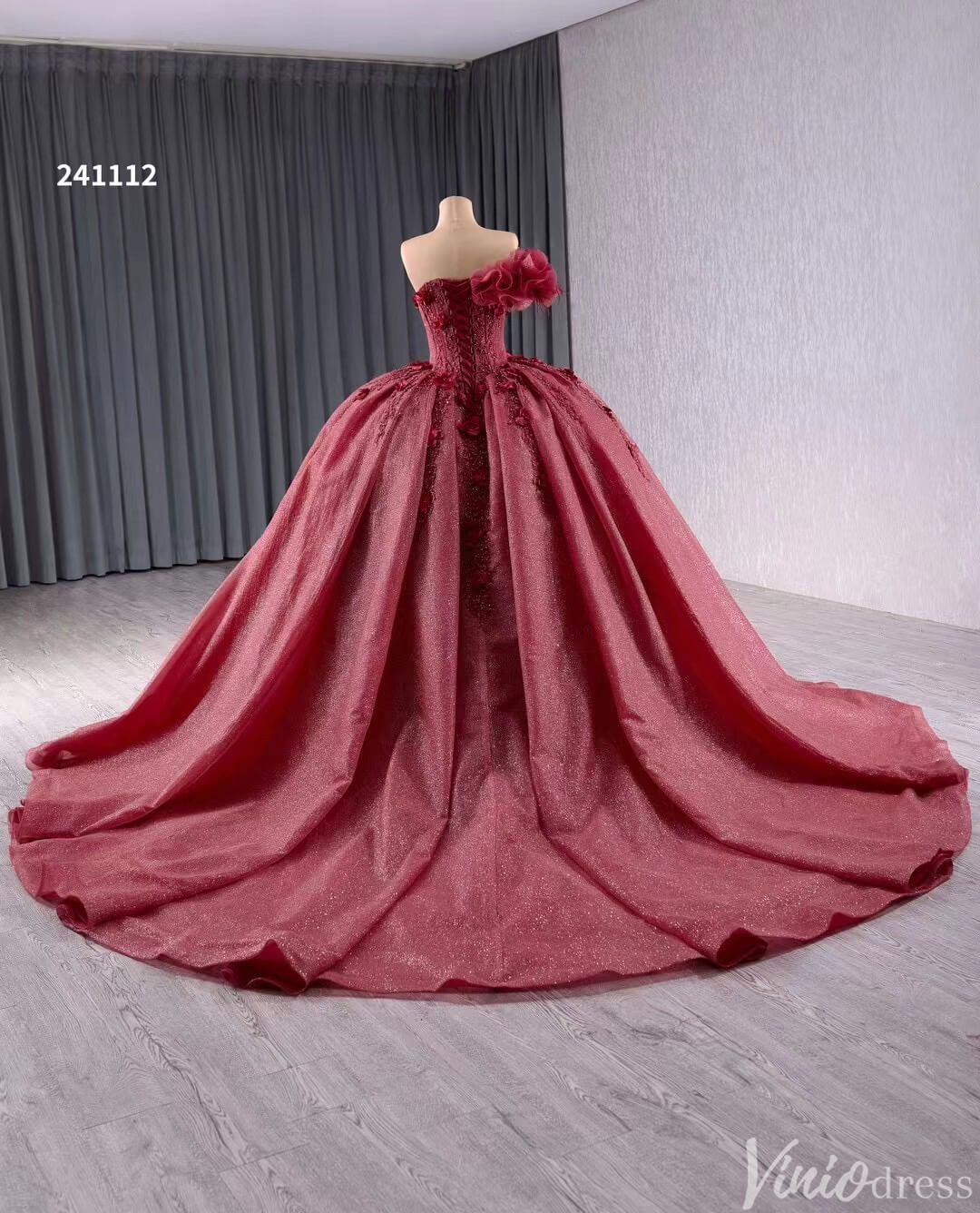 Sparkly Burgundy Red Ball Gown Wedding Dresses One Shoulder Quinceanera 241112-Quinceanera Dresses-Viniodress-Viniodress