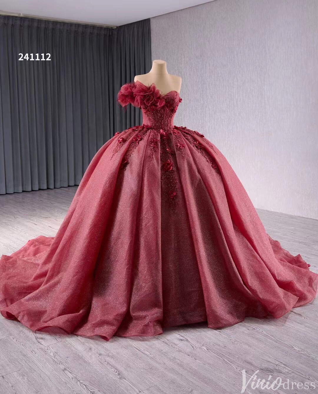 Sparkly Burgundy Red Ball Gown Wedding Dresses One Shoulder Quinceanera 241112-Quinceanera Dresses-Viniodress-Viniodress