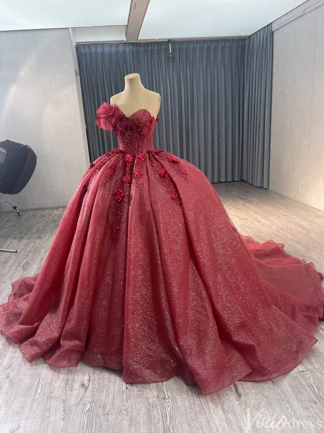 Sparkly Burgundy Red Ball Gown Wedding Dresses One Shoulder Quinceanera 241112-Quinceanera Dresses-Viniodress-Viniodress