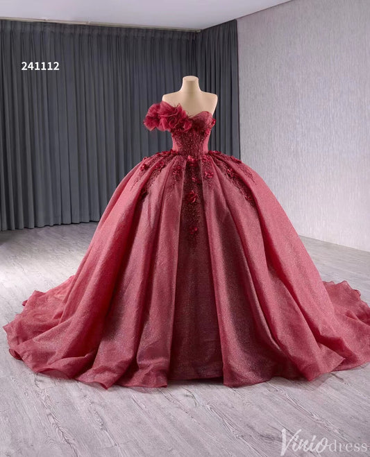 Sparkly Burgundy Red Ball Gown Wedding Dresses One Shoulder Quinceanera 241112 - ViniodressQuinceanera DressesRedCustom Size - Formal Dresses - Ball Gowns