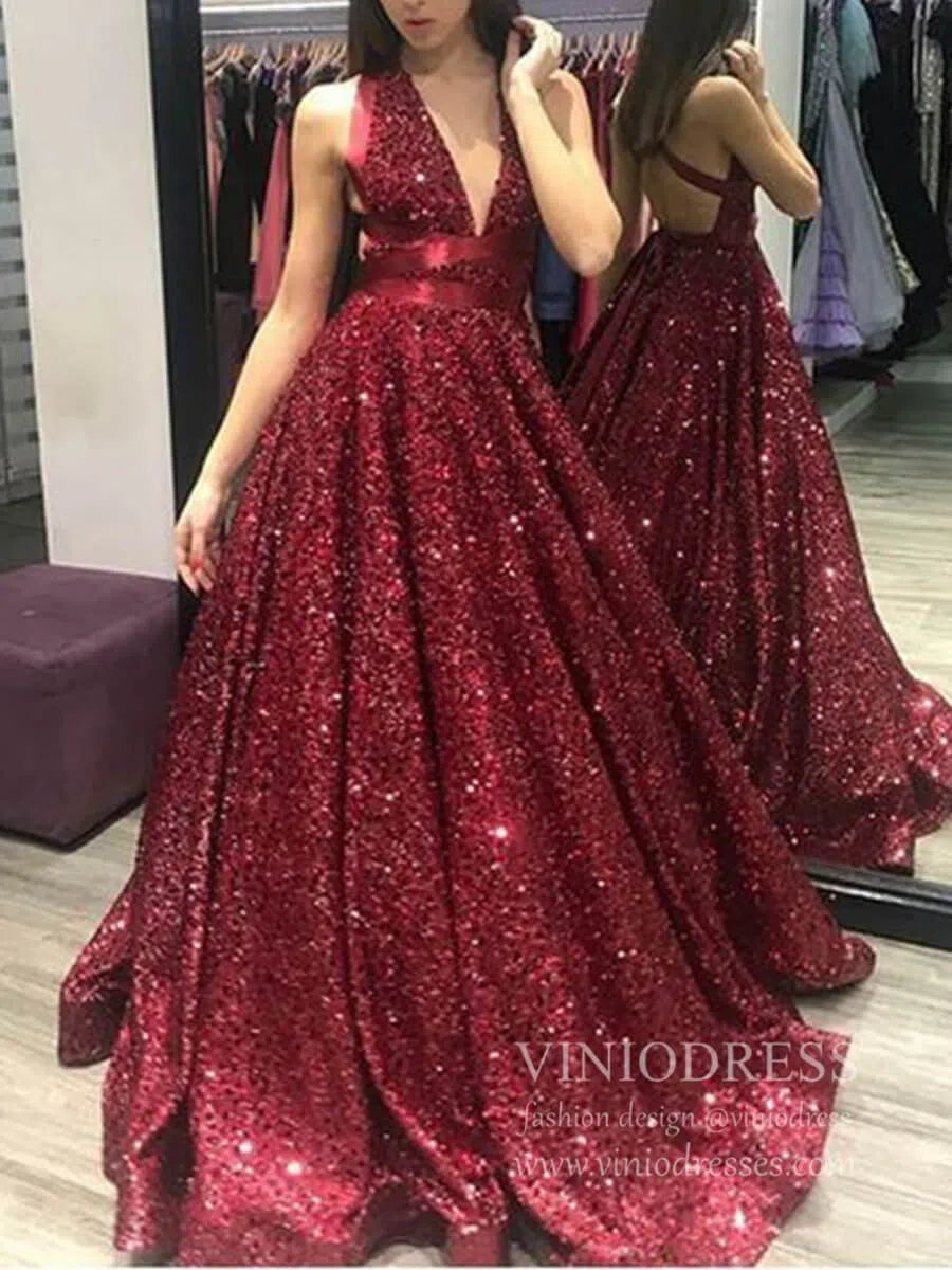 Sparkly Burgundy Sequin V Neck Prom Dresses Open Back Ball Gowns FD1613B viniodress-prom dresses 2025 -Viniodress-Burgundy-Custom Size-