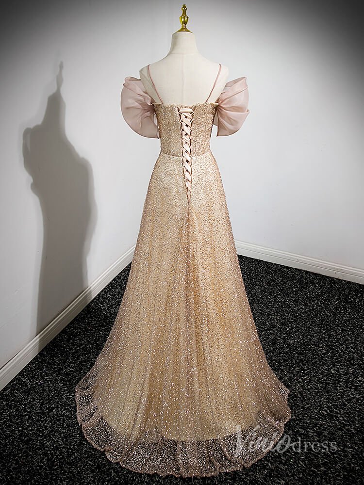 Sparkly Champagne Bow-Tie Prom Dresses Spaghetti Strap Evening Dress 90046-prom dresses 2025 -Viniodress-Champagne-Custom Size-