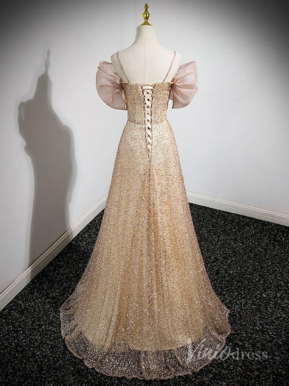 Sparkly Champagne Bow-Tie Prom Dresses Spaghetti Strap Evening Dress 90046-prom dresses 2025 -Viniodress-Champagne-Custom Size-