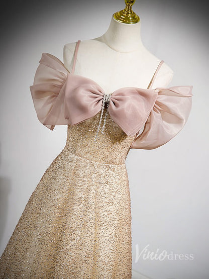 Sparkly Champagne Bow-Tie Prom Dresses Spaghetti Strap Evening Dress 90046-prom dresses 2025 -Viniodress-Champagne-Custom Size-