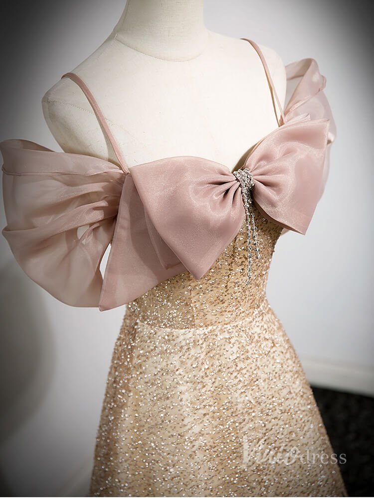Sparkly Champagne Bow-Tie Prom Dresses Spaghetti Strap Evening Dress 90046-prom dresses 2025 -Viniodress-Champagne-Custom Size-