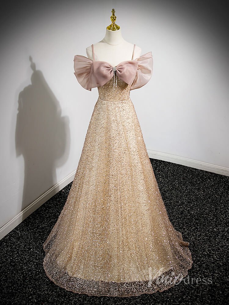 Sparkly Champagne Bow-Tie Prom Dresses Spaghetti Strap Evening Dress 90046-prom dresses 2025 -Viniodress-Champagne-Custom Size-