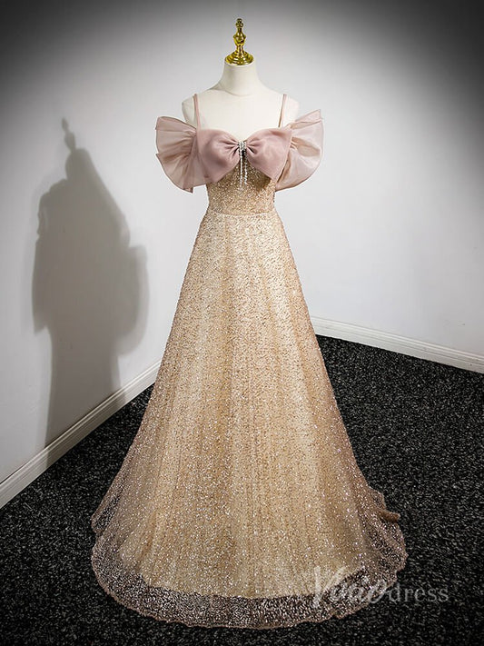 Sparkly Champagne Bow-Tie Prom Dresses Spaghetti Strap Evening Dress 90046-prom dresses 2025 -Viniodress-Champagne-Custom Size-