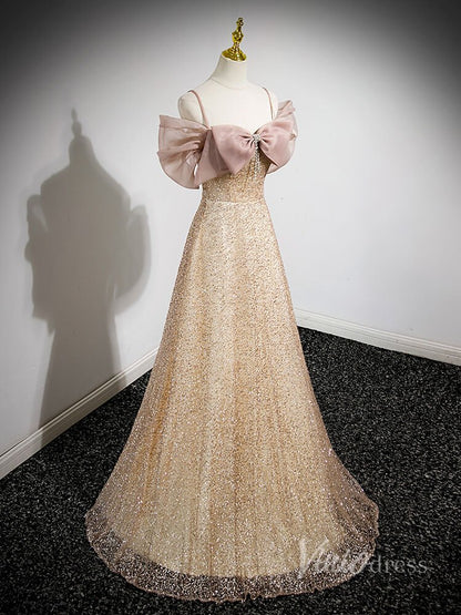 Sparkly Champagne Bow-Tie Prom Dresses Spaghetti Strap Evening Dress 90046-prom dresses 2025 -Viniodress-Champagne-Custom Size-