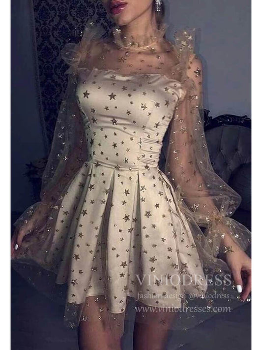 Sparkly Champagne Cocktail Dress High Neck Star Tulle Hoco Dresses SD1261-Homecoming Dresses 2025 -Viniodress-Champagne-Custom Size-