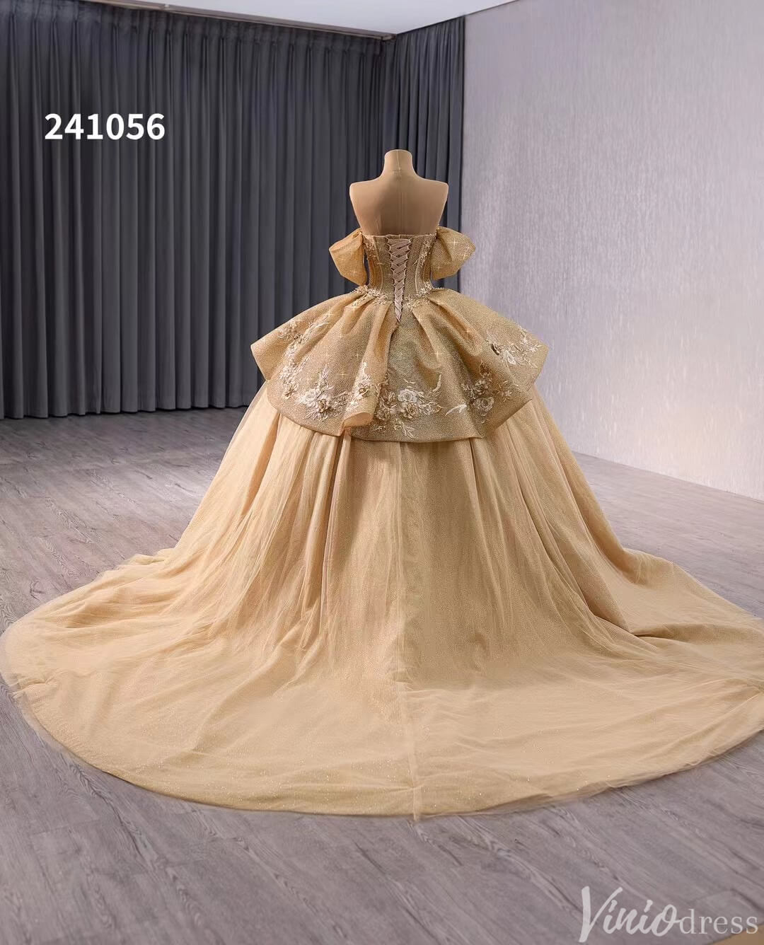 Sparkly Champagne Lace Applique Wedding Gown Off the Shoulder Quinceanera Dress 241056-Quinceanera Dresses 2025 -Viniodress-Champagne-Custom Size-