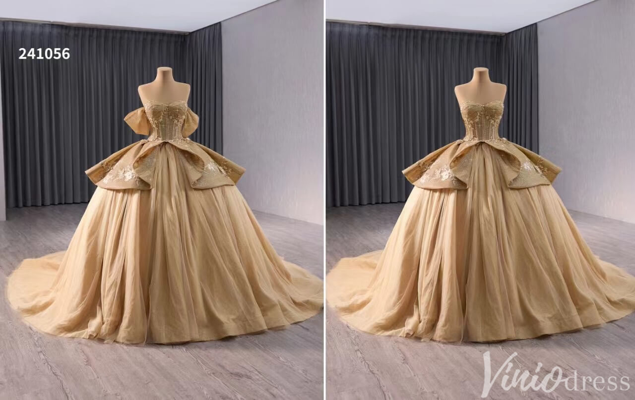 Sparkly Champagne Lace Applique Wedding Gown Off the Shoulder Quinceanera Dress 241056-Quinceanera Dresses 2025 -Viniodress-Champagne-Custom Size-