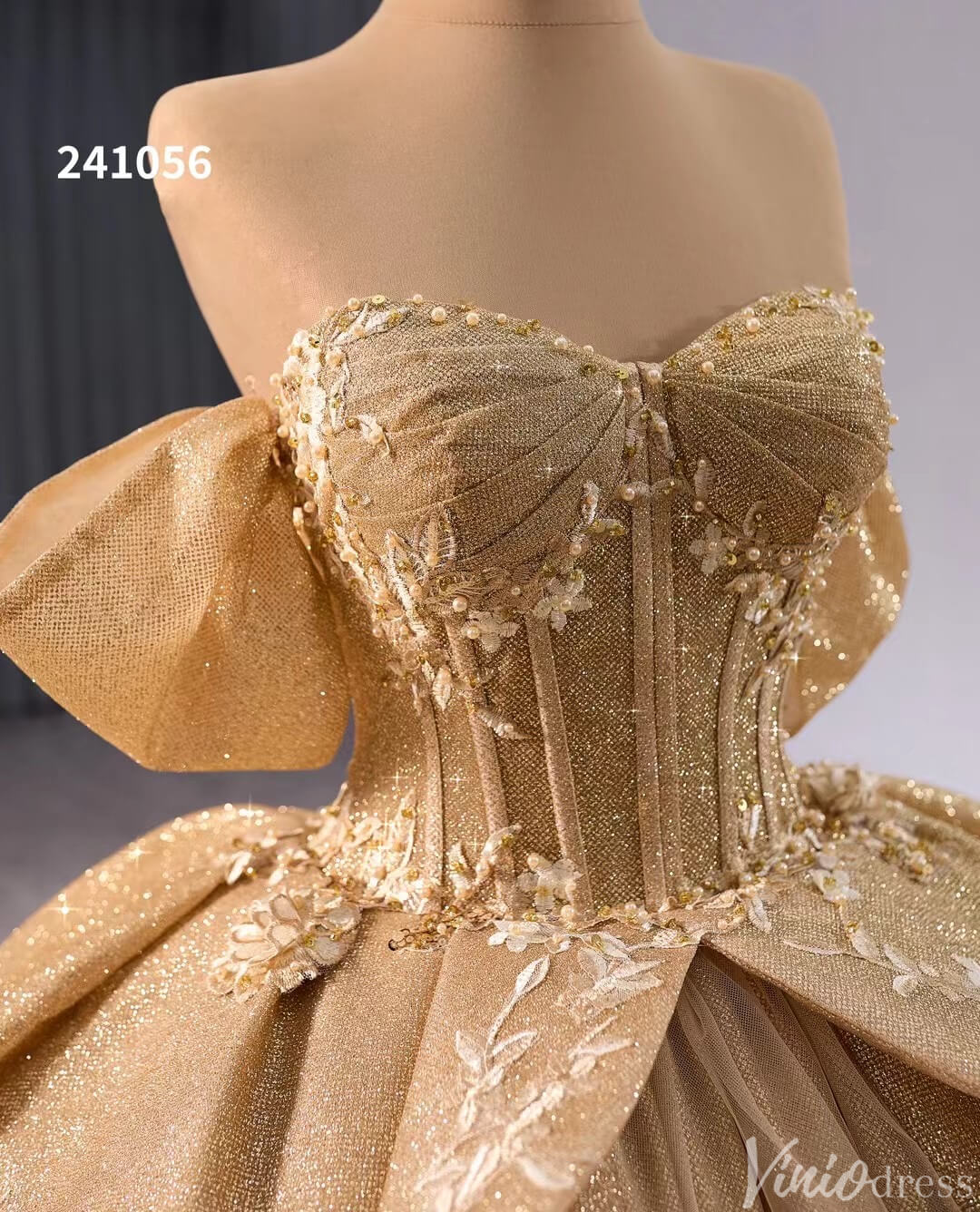 Sparkly Champagne Lace Applique Wedding Gown Off the Shoulder Quinceanera Dress 241056-Quinceanera Dresses 2025 -Viniodress-Champagne-Custom Size-