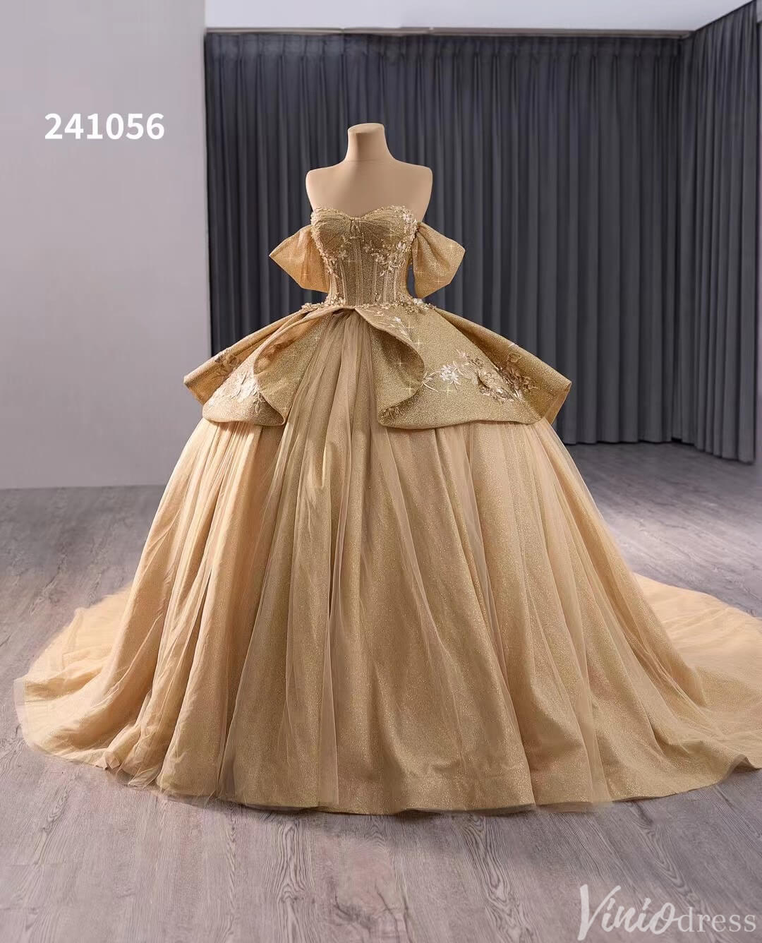 Sparkly Champagne Lace Applique Wedding Gown Off the Shoulder Quinceanera Dress 241056-Quinceanera Dresses 2025 -Viniodress-Champagne-Custom Size-