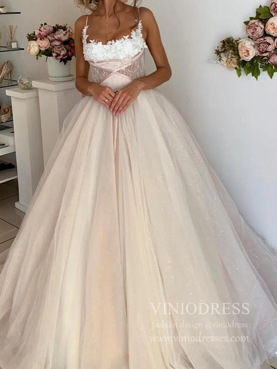 Sparkly Champagne Tulle Wedding Dresses Spaghetti Strap Wedding Gowns VW1255-wedding dresses-Viniodress-Viniodress